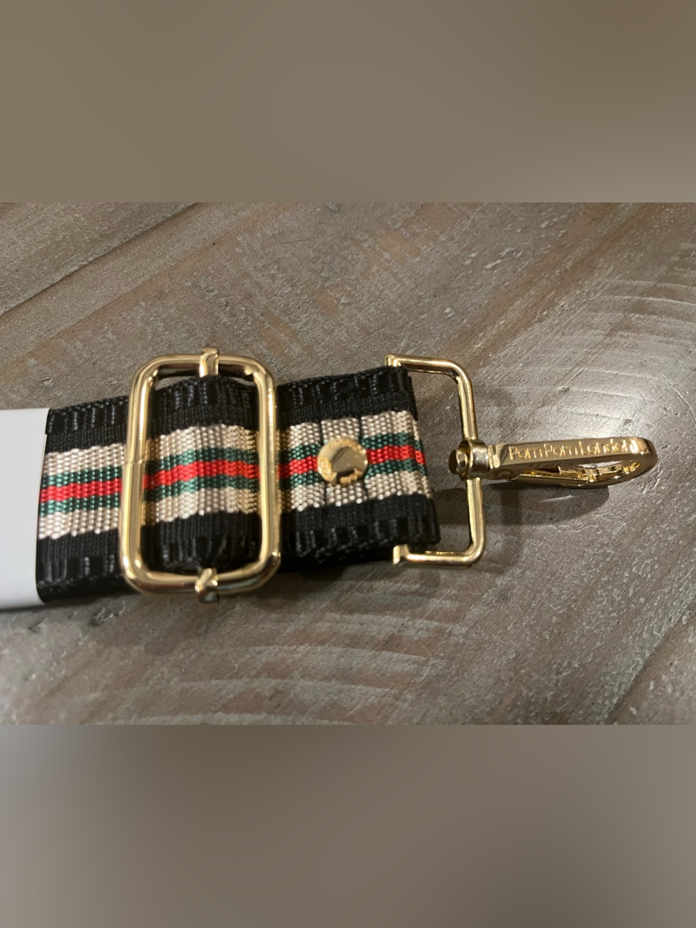 Pom Pom London Adjustable Crossbody Strap w/ Red, Beige, Green Stripes